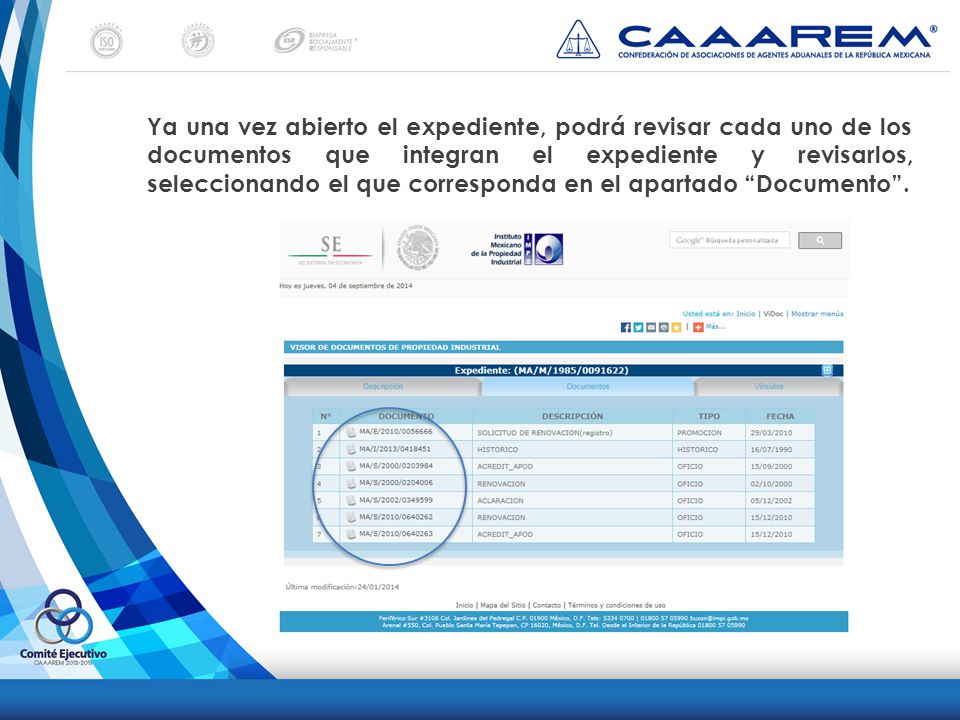 Ya una vez abierto el expediente, podrá revisar cada uno de los documentos que integran el expediente y revisarlos, seleccionando el que corresponda en el apartado Documento .