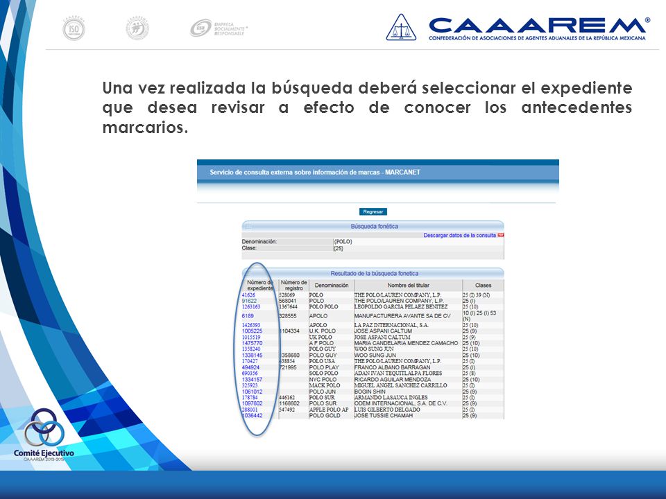 Una vez realizada la búsqueda deberá seleccionar el expediente que desea revisar a efecto de conocer los antecedentes marcarios.
