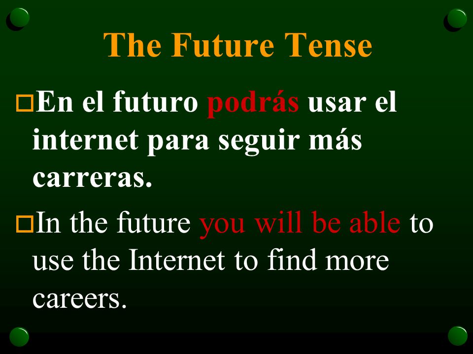 The Future Tense En el futuro podrás usar el internet para seguir más carreras.
