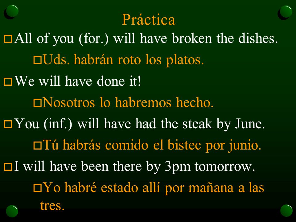 Práctica All of you (for.) will have broken the dishes.