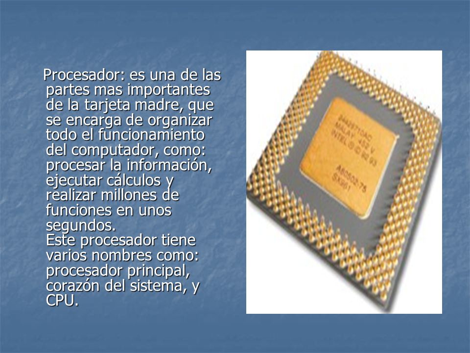 Procesador: es una de las partes mas importantes de la tarjeta madre, que se encarga de organizar todo el funcionamiento del computador, como: procesar la información, ejecutar cálculos y realizar millones de funciones en unos segundos.