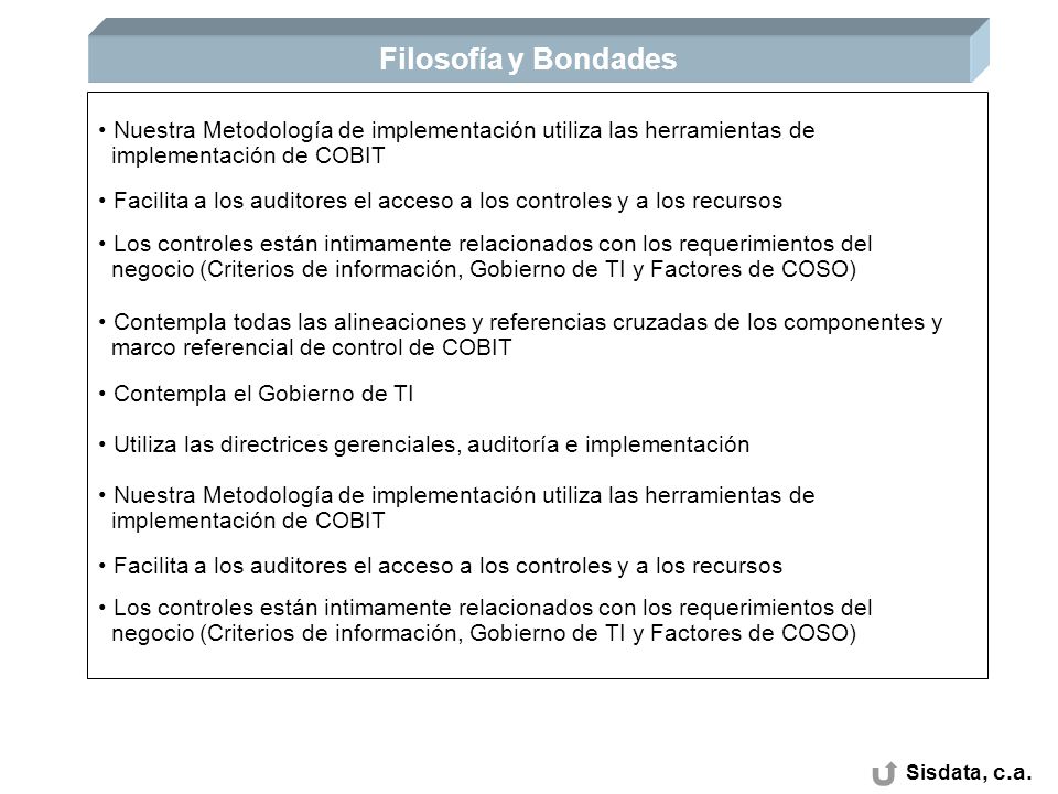 Filosofía y Bondades Nuestra Metodología de implementación utiliza las herramientas de. implementación de COBIT.