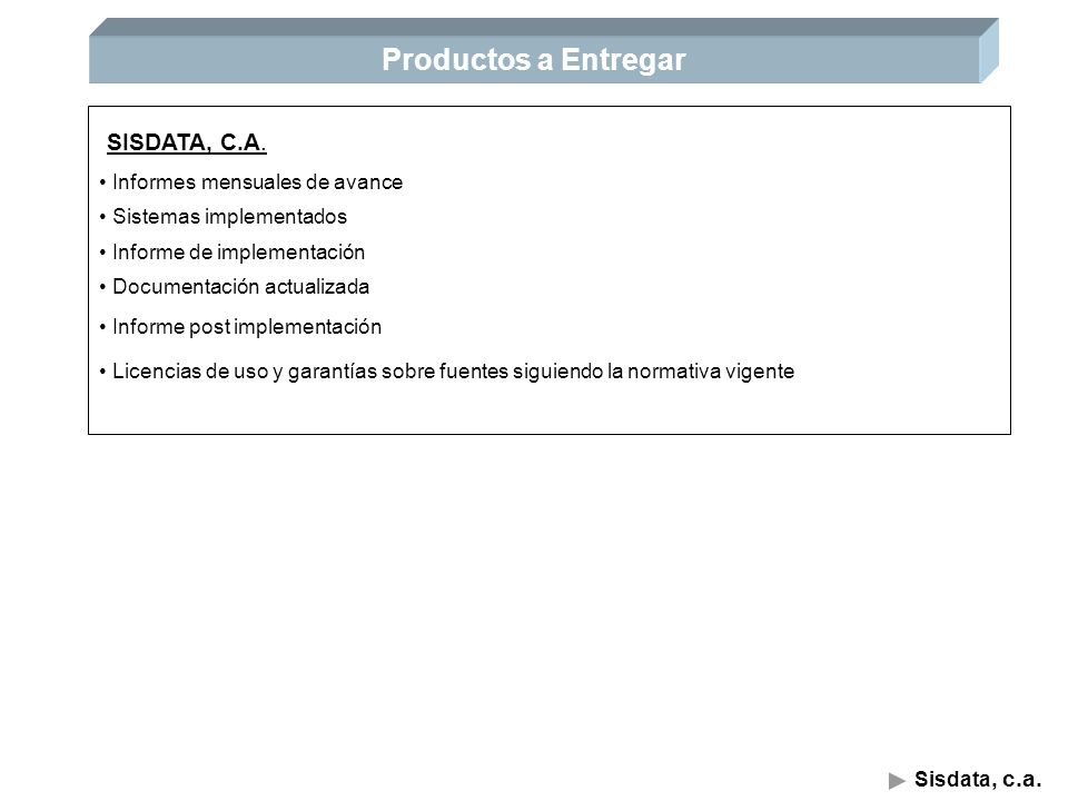 Productos a Entregar SISDATA, C.A. Sisdata, c.a.