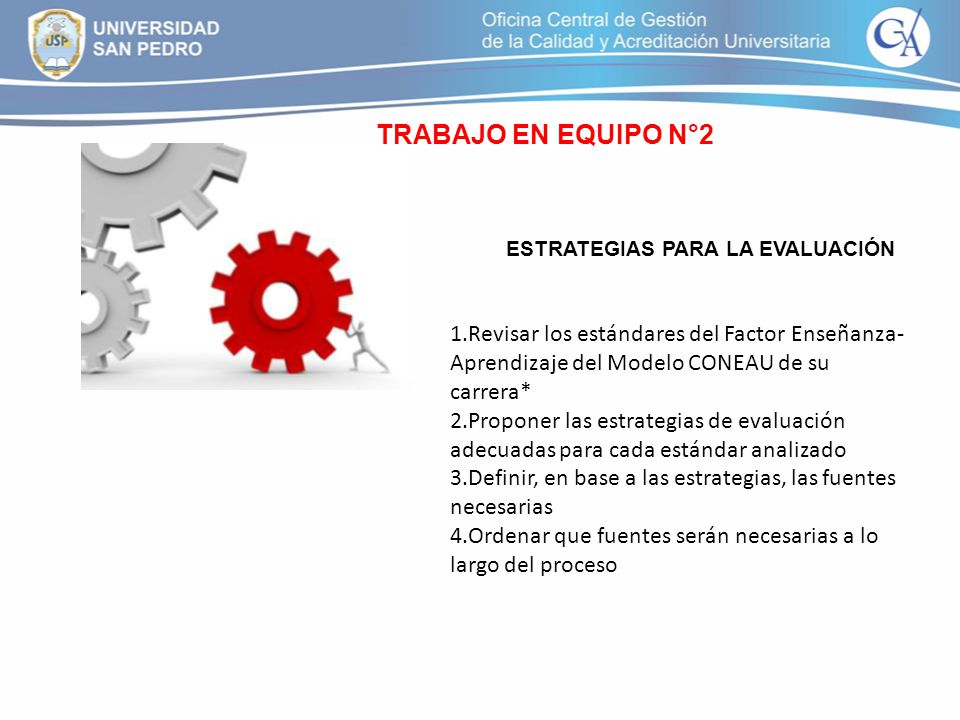 TRABAJO EN EQUIPO N°2 ESTRATEGIAS PARA LA EVALUACIÓN. 1.Revisar los estándares del Factor Enseñanza-Aprendizaje del Modelo CONEAU de su carrera*