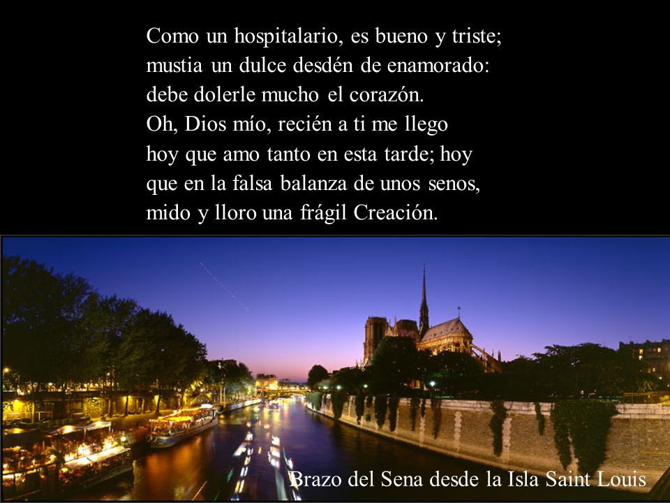 Como un hospitalario, es bueno y triste; mustia un dulce desdén de enamorado: debe dolerle mucho el corazón. Oh, Dios mío, recién a ti me llego hoy que amo tanto en esta tarde; hoy que en la falsa balanza de unos senos, mido y lloro una frágil Creación.