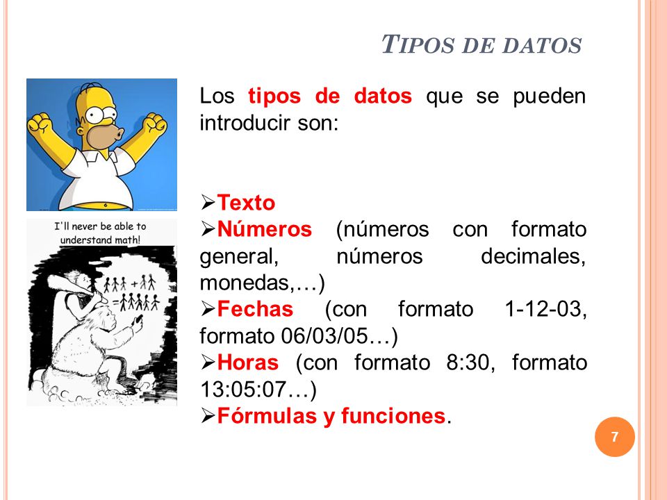 Tipos de datos Los tipos de datos que se pueden introducir son: Texto