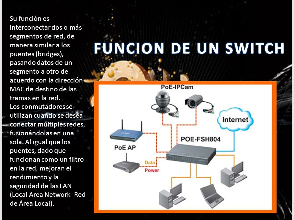 Su función es interconectar dos o más segmentos de red, de manera similar a los puentes (bridges), pasando datos de un segmento a otro de acuerdo con la dirección MAC de destino de las tramas en la red.