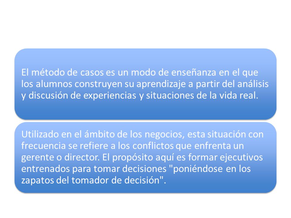 El método de casos es un modo de enseñanza en el que los alumnos construyen su aprendizaje a partir del análisis y discusión de experiencias y situaciones de la vida real.