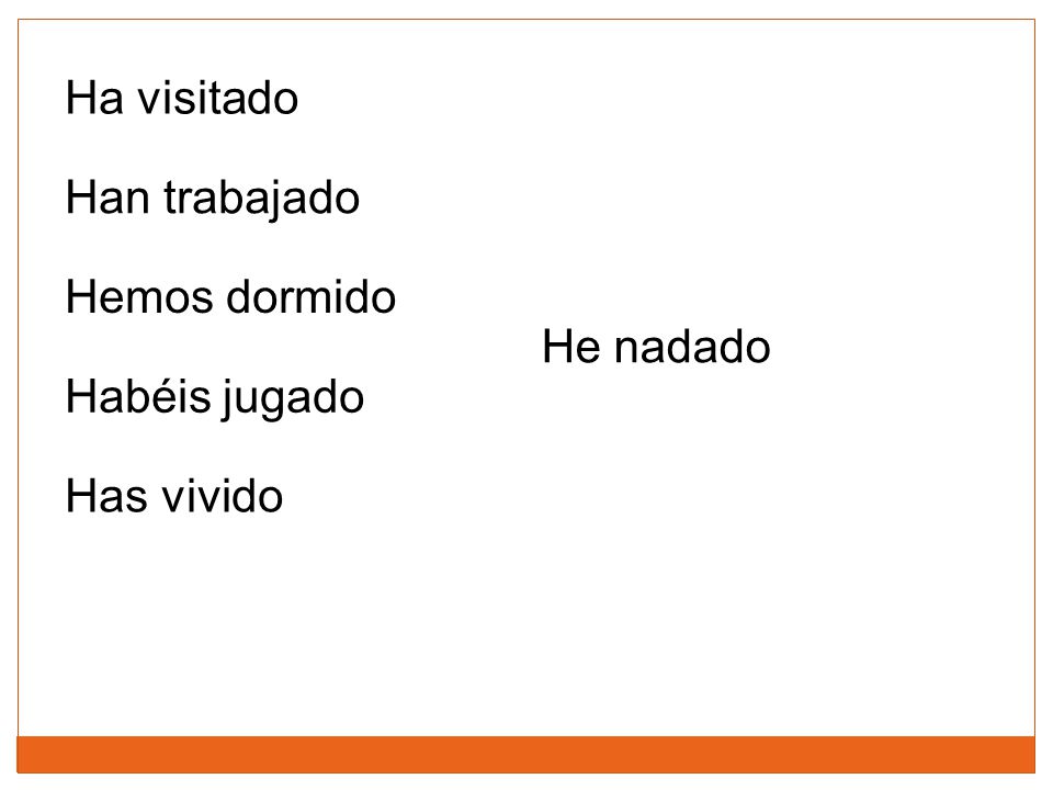 Ha visitado Han trabajado Hemos dormido He nadado Habéis jugado Has vivido