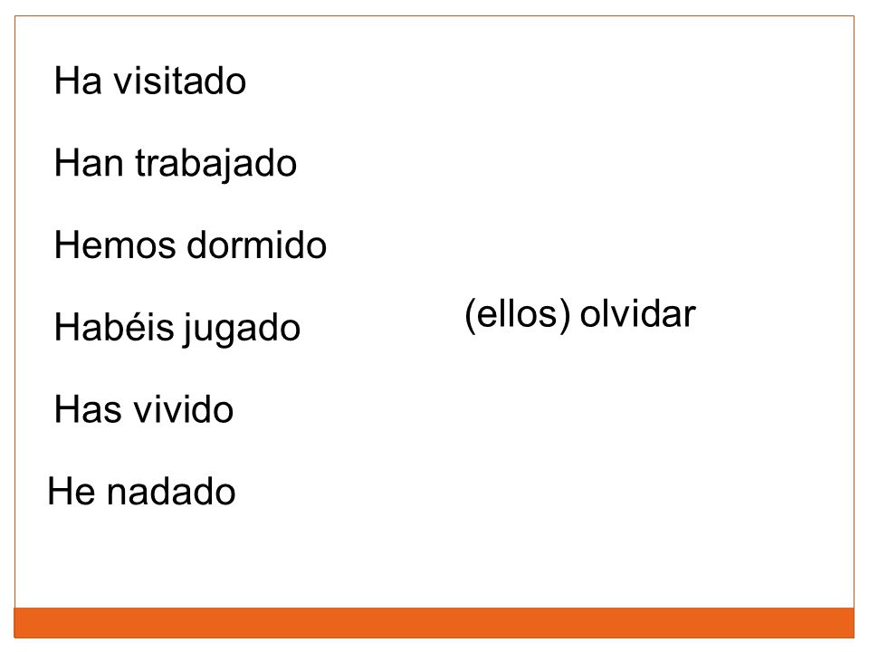 Ha visitado Han trabajado Hemos dormido (ellos) olvidar Habéis jugado Has vivido He nadado