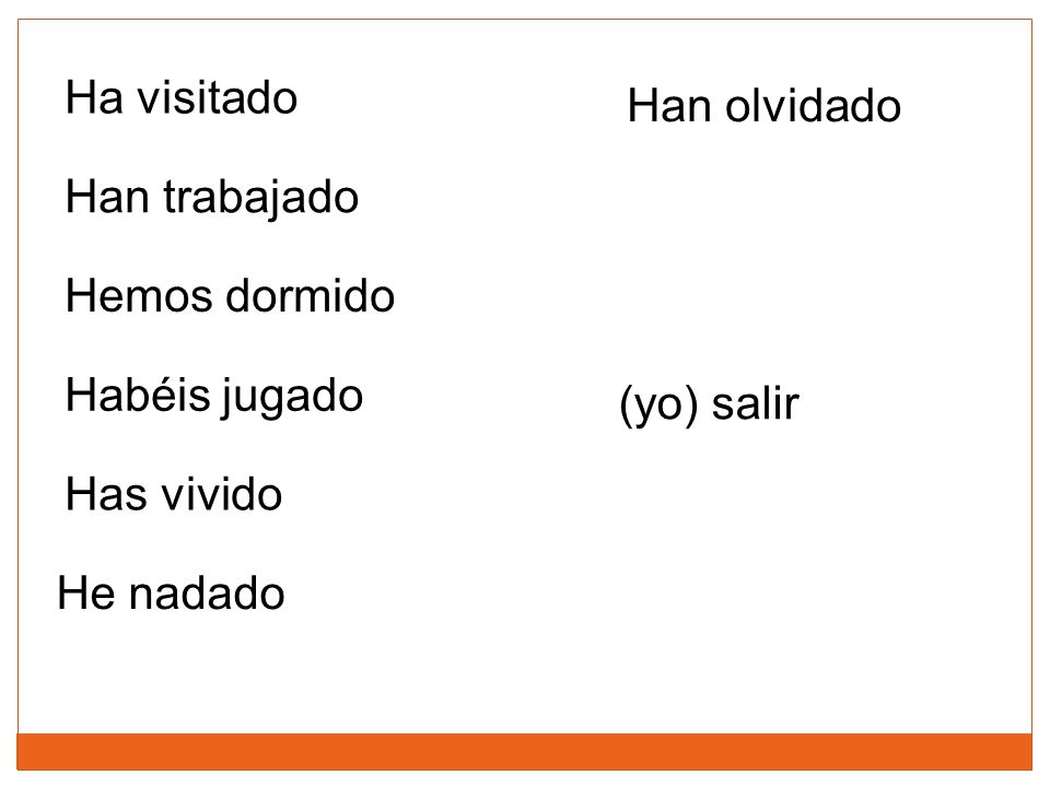 Ha visitado Han olvidado Han trabajado Hemos dormido Habéis jugado (yo) salir Has vivido He nadado