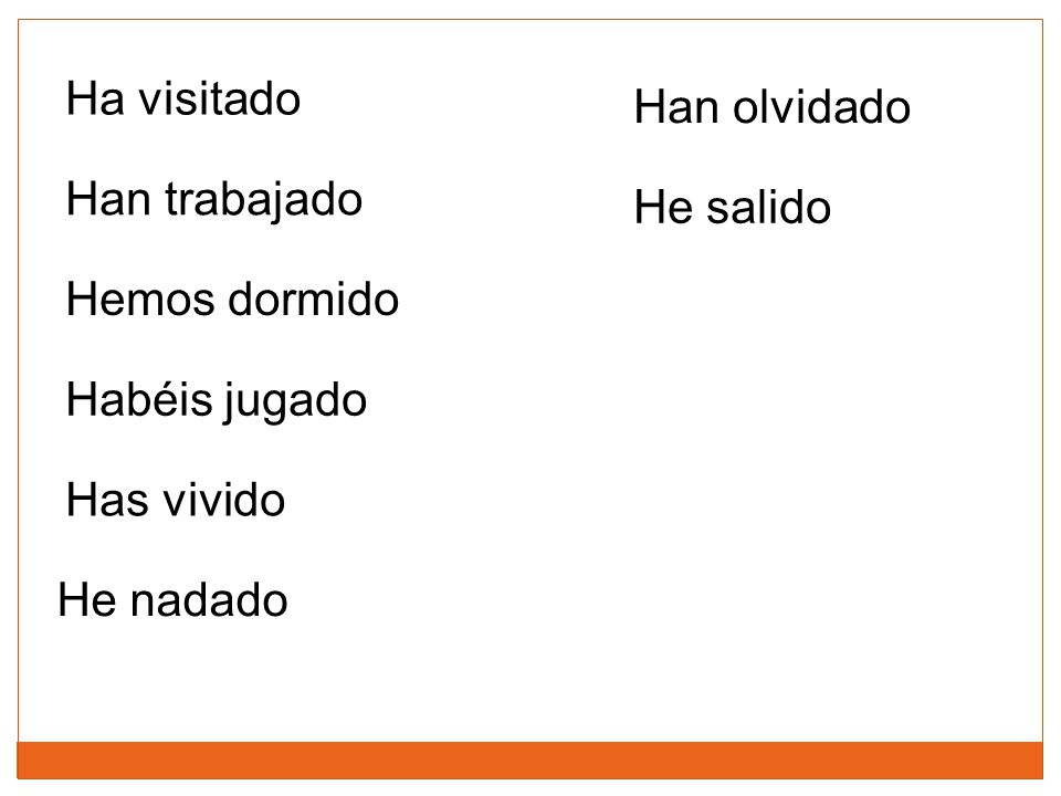 Ha visitado Han olvidado Han trabajado He salido Hemos dormido Habéis jugado Has vivido He nadado