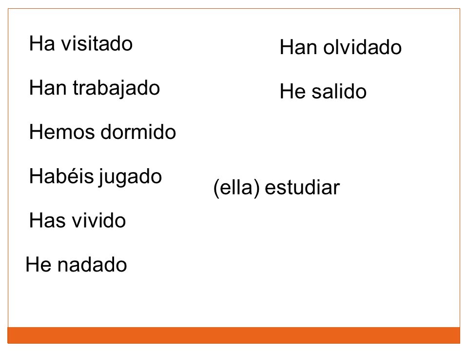 Ha visitado Han olvidado. Han trabajado. He salido. Hemos dormido. Habéis jugado. (ella) estudiar.