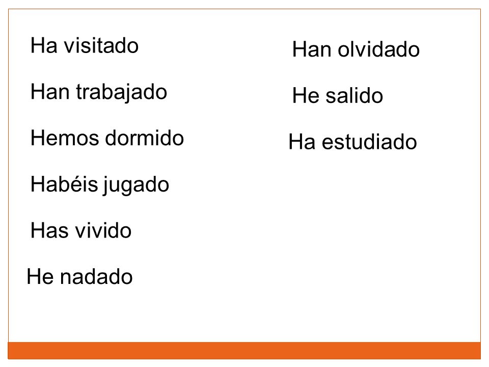 Ha visitado Han olvidado. Han trabajado. He salido. Hemos dormido. Ha estudiado. Habéis jugado.