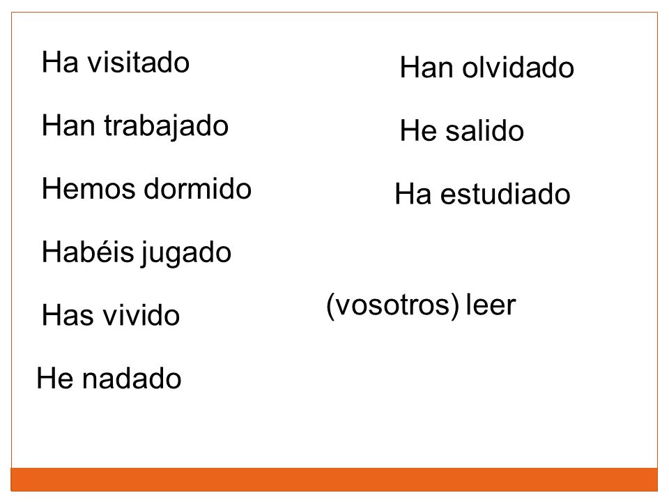 Ha visitado Han olvidado. Han trabajado. He salido. Hemos dormido. Ha estudiado. Habéis jugado.