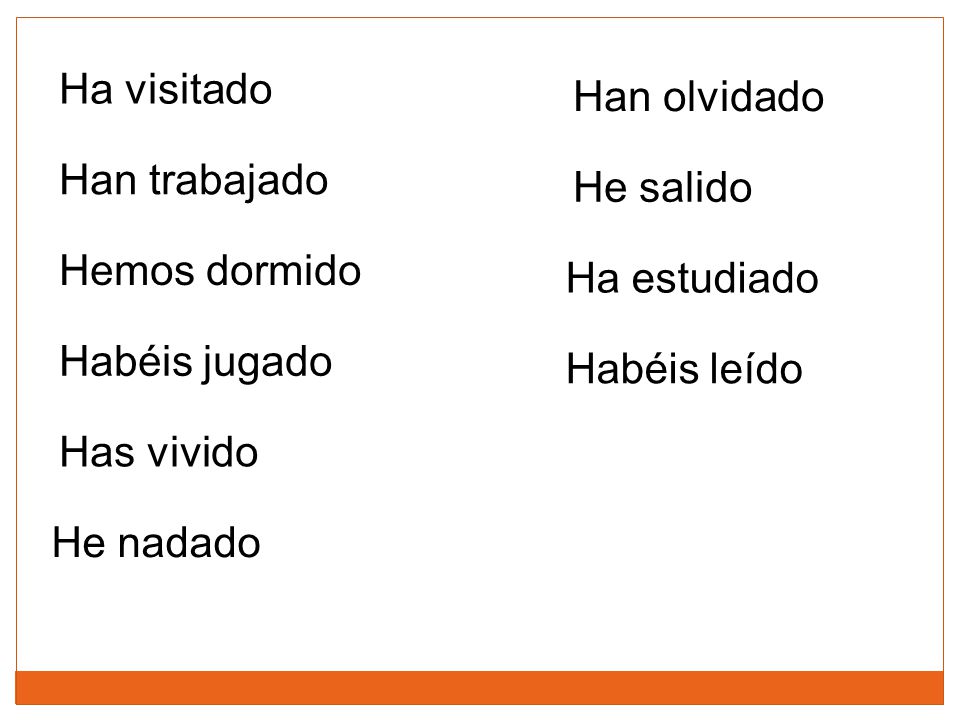 Ha visitado Han olvidado. Han trabajado. He salido. Hemos dormido. Ha estudiado. Habéis jugado.