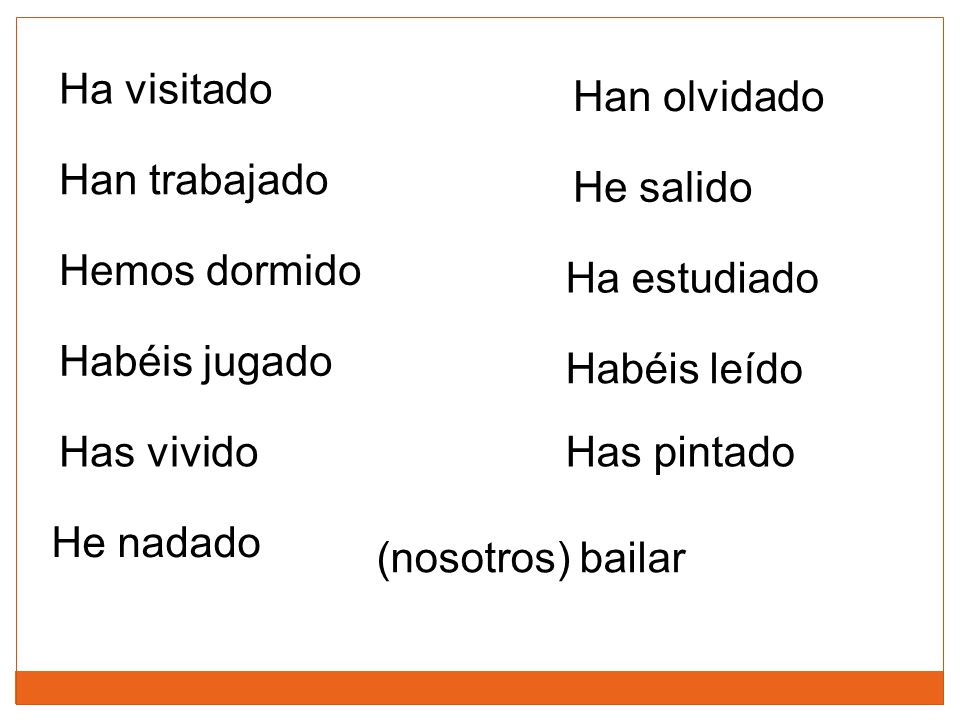 Ha visitado Han olvidado. Han trabajado. He salido. Hemos dormido. Ha estudiado. Habéis jugado.