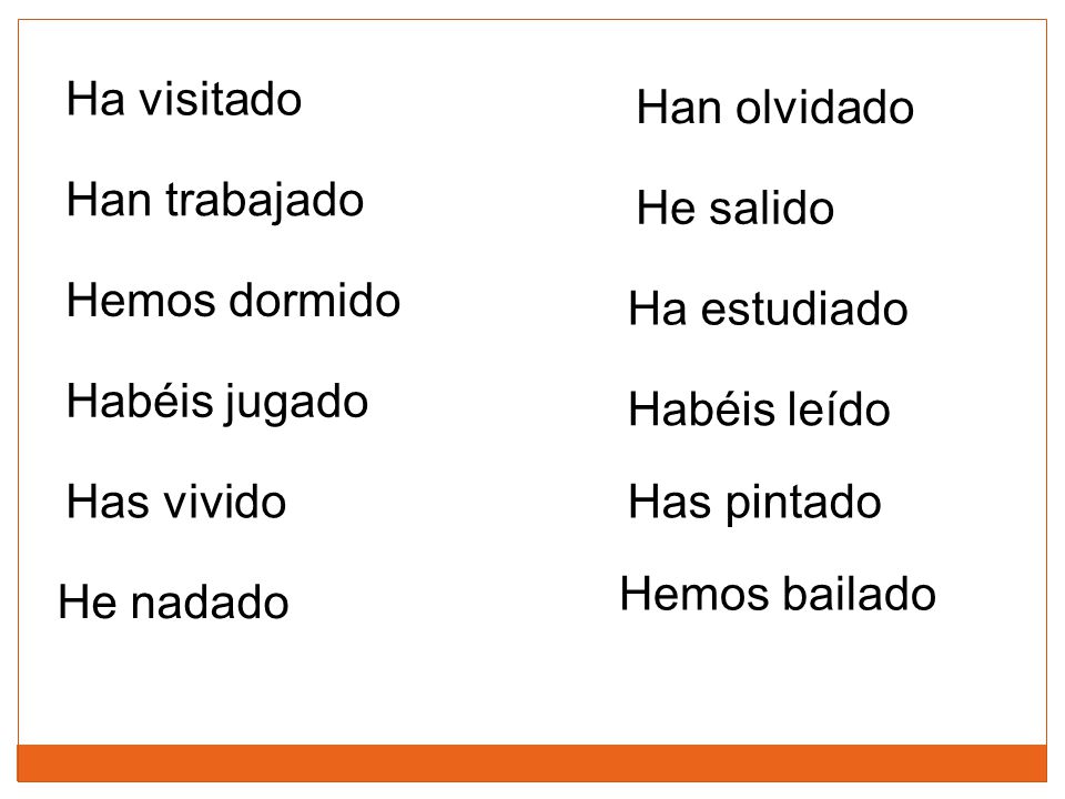 Ha visitado Han olvidado. Han trabajado. He salido. Hemos dormido. Ha estudiado. Habéis jugado.