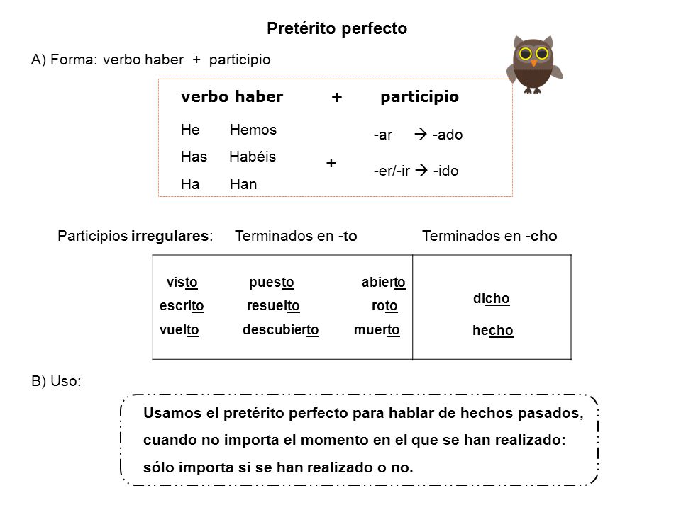 + Pretérito perfecto A) Forma: verbo haber + participio