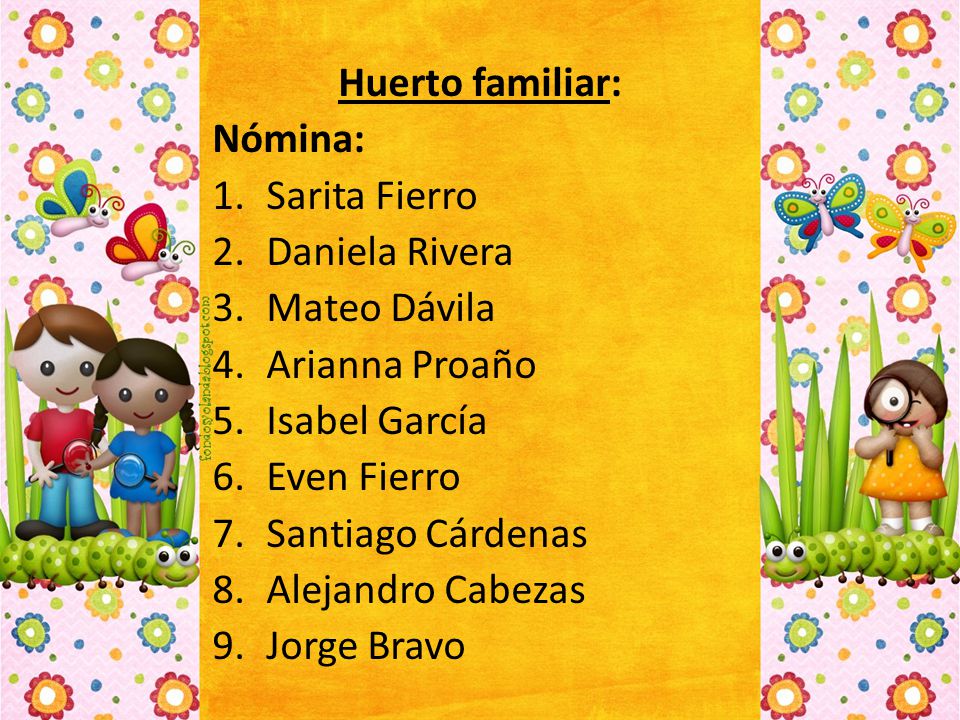 Huerto familiar: Nómina: Sarita Fierro. Daniela Rivera. Mateo Dávila. Arianna Proaño. Isabel García.