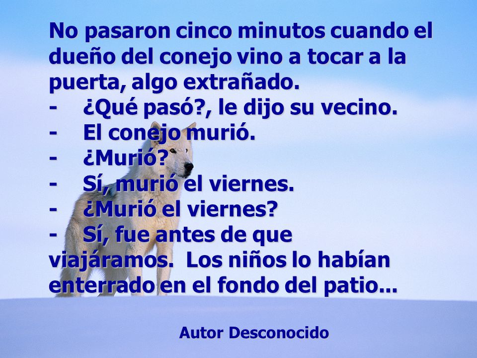 No pasaron cinco minutos cuando el dueño del conejo vino a tocar a la puerta, algo extrañado. - ¿Qué pasó , le dijo su vecino. - El conejo murió. - ¿Murió - Sí, murió el viernes. - ¿Murió el viernes - Sí, fue antes de que viajáramos. Los niños lo habían enterrado en el fondo del patio...