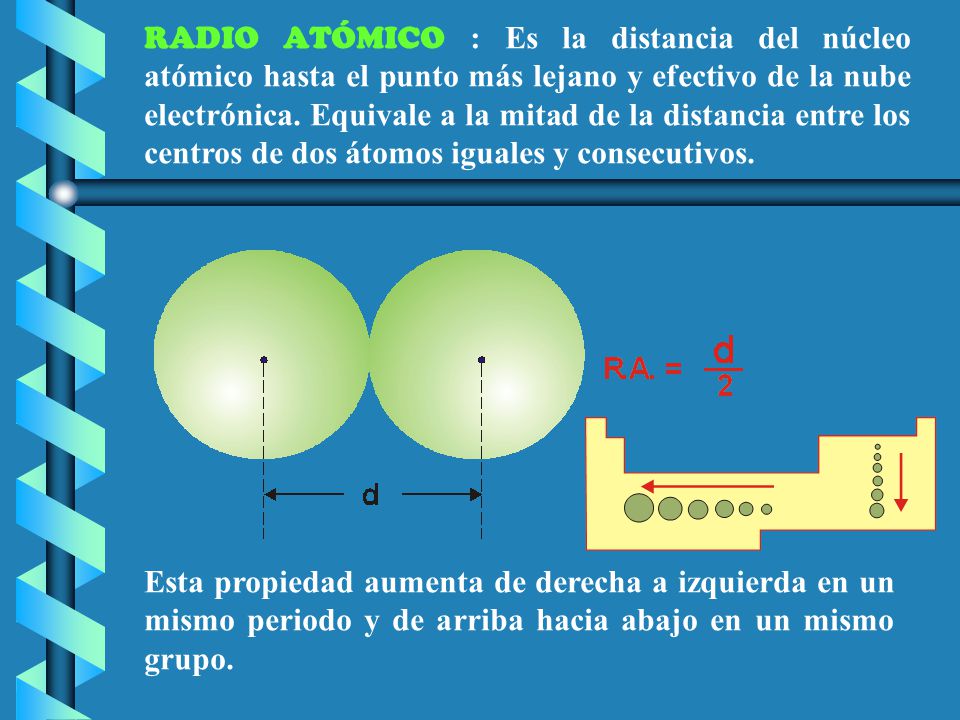 RADIO ATÓMICO : Es la distancia del núcleo atómico hasta el punto más lejano y efectivo de la nube electrónica. Equivale a la mitad de la distancia entre los centros de dos átomos iguales y consecutivos.