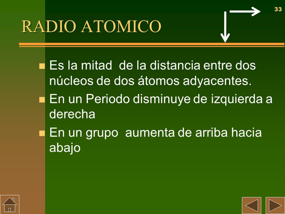 RADIO ATOMICO Es la mitad de la distancia entre dos núcleos de dos átomos adyacentes. En un Periodo disminuye de izquierda a derecha.