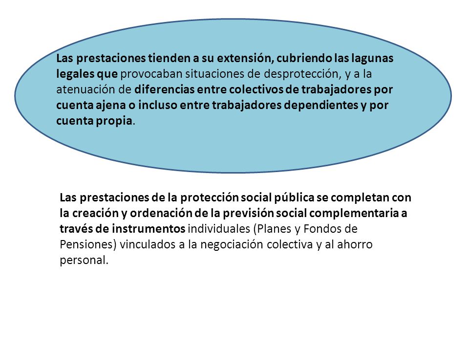 Las prestaciones tienden a su extensión, cubriendo las lagunas legales que provocaban situaciones de desprotección, y a la atenuación de diferencias entre colectivos de trabajadores por cuenta ajena o incluso entre trabajadores dependientes y por cuenta propia.