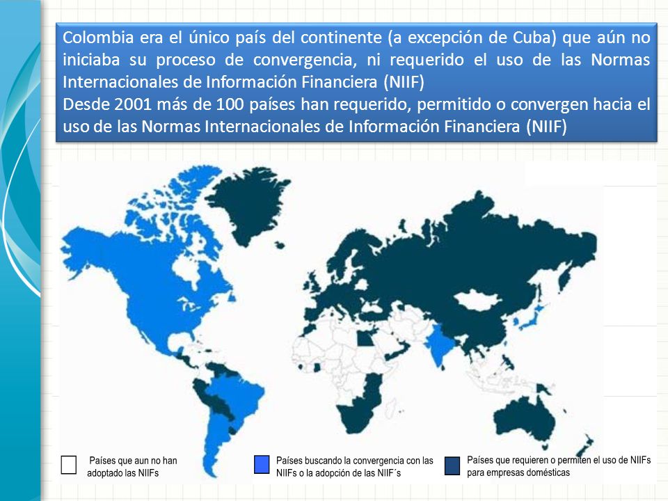 Colombia era el único país del continente (a excepción de Cuba) que aún no iniciaba su proceso de convergencia, ni requerido el uso de las Normas Internacionales de Información Financiera (NIIF)