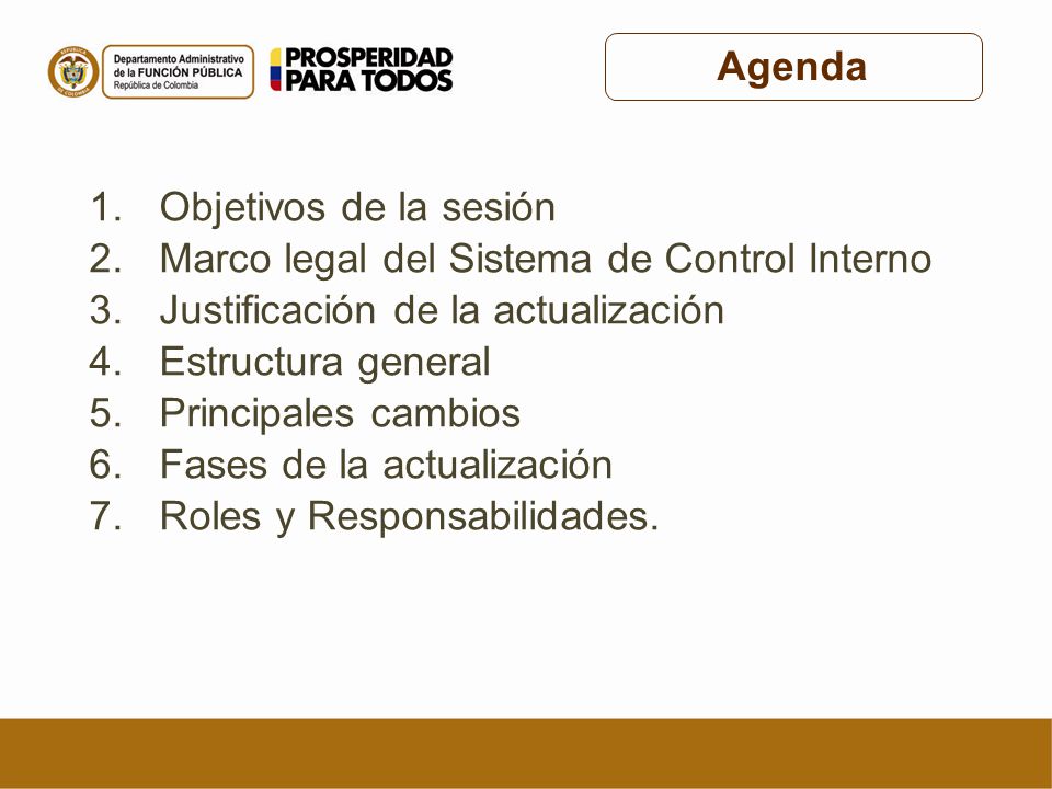 Agenda Objetivos de la sesión. Marco legal del Sistema de Control Interno. Justificación de la actualización.