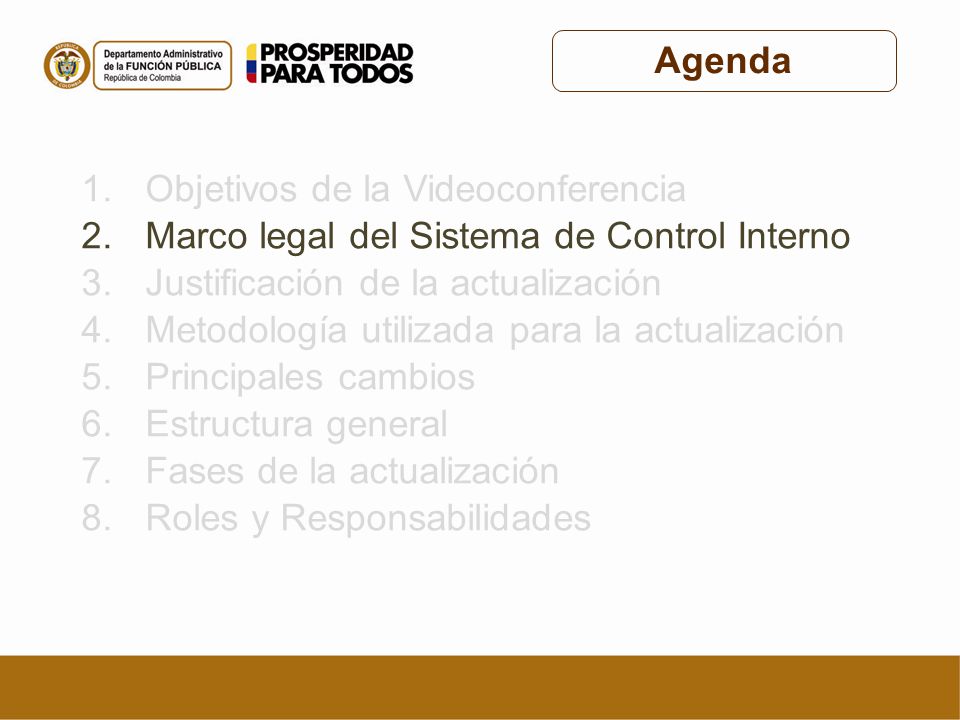 Agenda Objetivos de la Videoconferencia. Marco legal del Sistema de Control Interno. Justificación de la actualización.