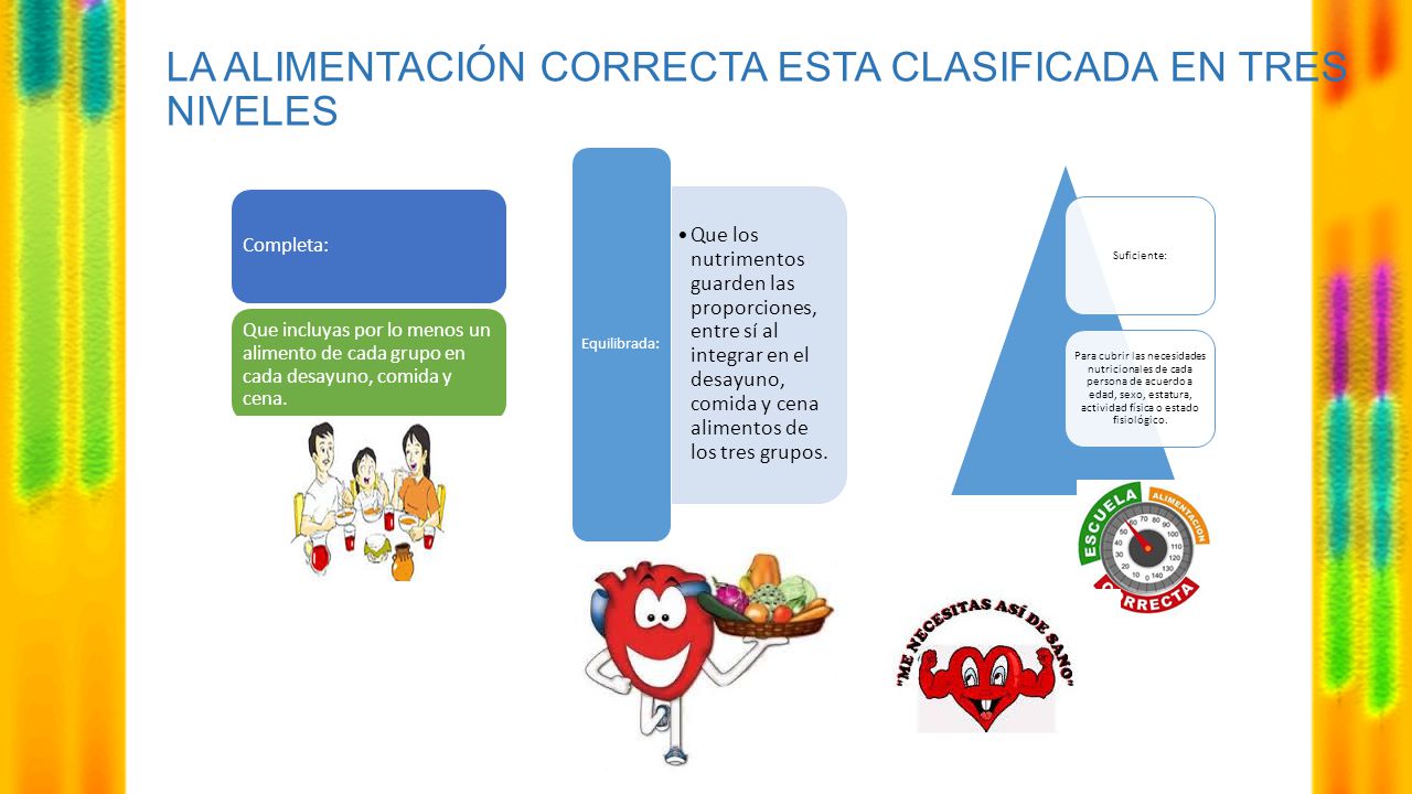 LA ALIMENTACIÓN CORRECTA ESTA CLASIFICADA EN TRES NIVELES