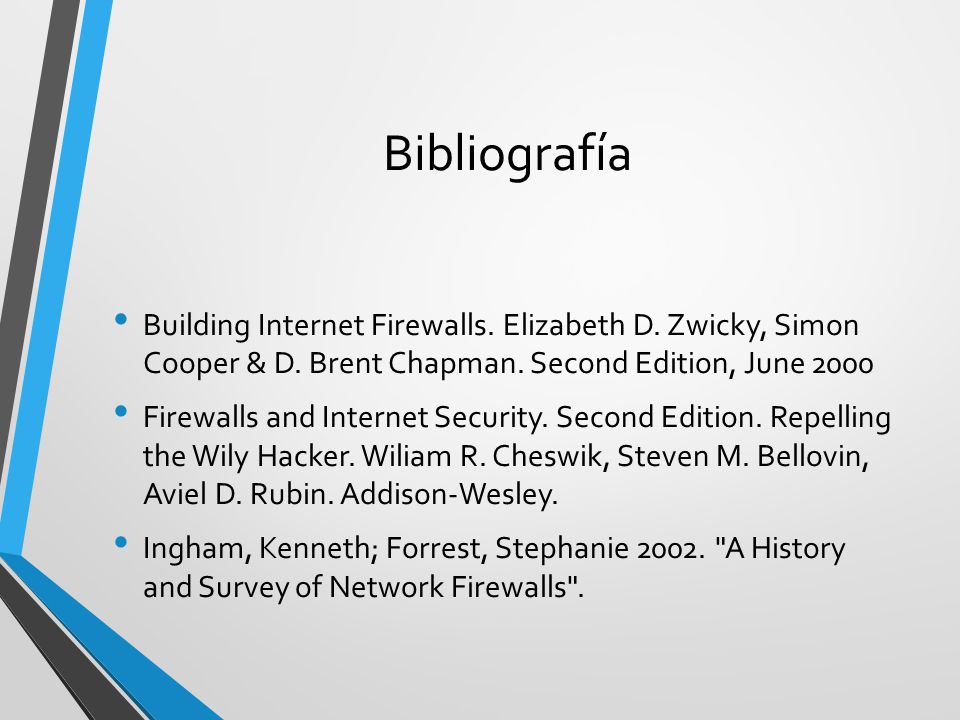 Bibliografía Building Internet Firewalls. Elizabeth D. Zwicky, Simon Cooper & D. Brent Chapman. Second Edition, June