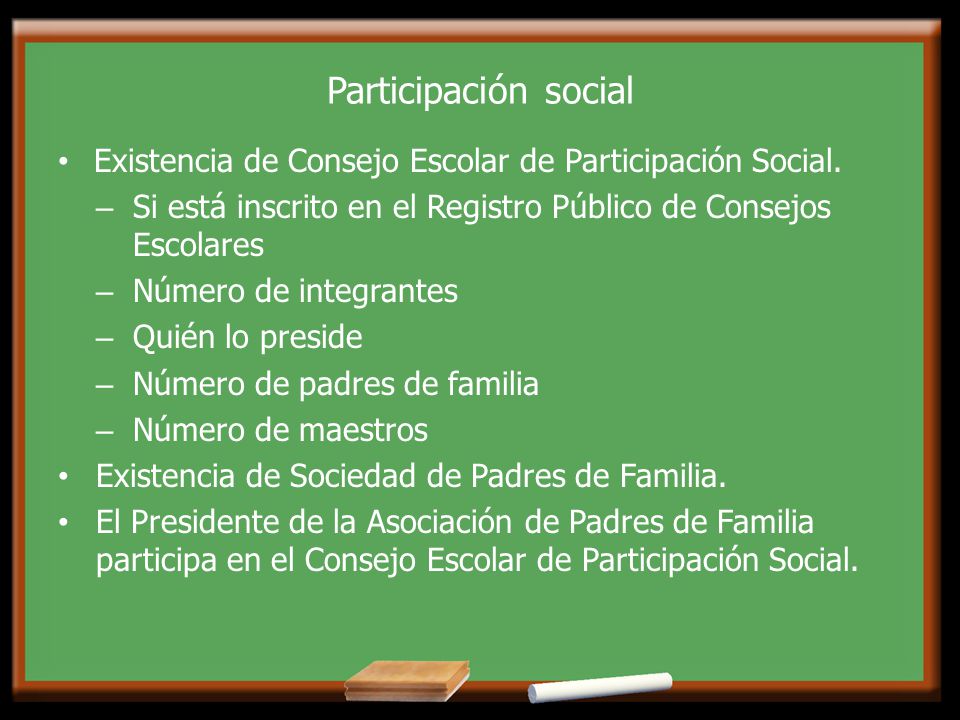 Participación social Existencia de Consejo Escolar de Participación Social. Si está inscrito en el Registro Público de Consejos Escolares.