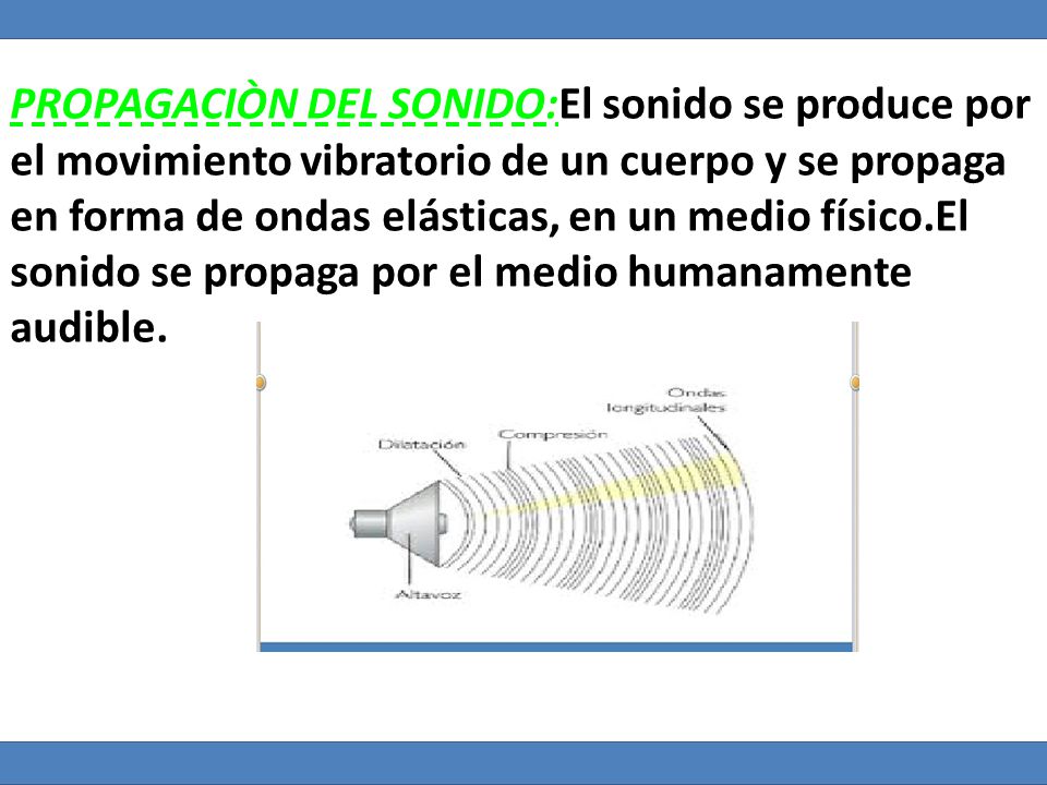 PROPAGACIÒN DEL SONIDO:El sonido se produce por el movimiento vibratorio de un cuerpo y se propaga en forma de ondas elásticas, en un medio físico.El sonido se propaga por el medio humanamente audible.