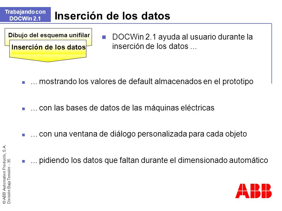 Trabajando con DOCWin 2.1 Inserción de los datos. Dibujo del esquema unifilar. DOCWin 2.1 ayuda al usuario durante la inserción de los datos ...