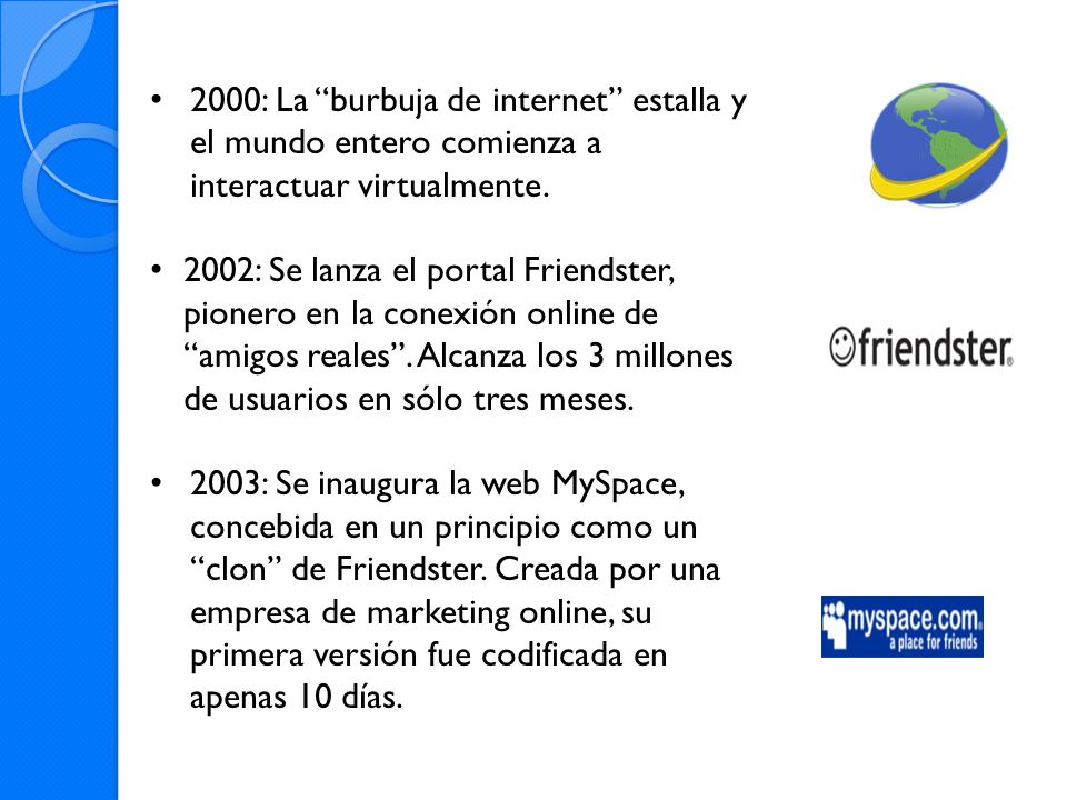 2000: La burbuja de internet estalla y el mundo entero comienza a interactuar virtualmente.