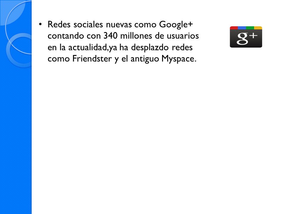 Redes sociales nuevas como Google+ contando con 340 millones de usuarios en la actualidad,ya ha desplazdo redes como Friendster y el antiguo Myspace.