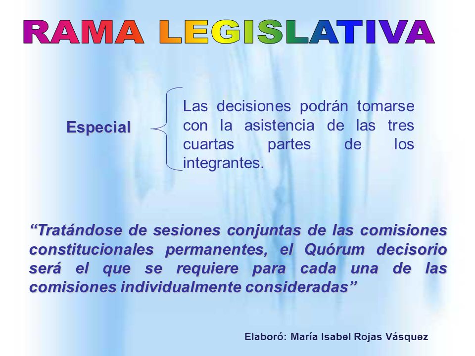 RAMA LEGISLATIVA Especial. Las decisiones podrán tomarse con la asistencia de las tres cuartas partes de los integrantes.