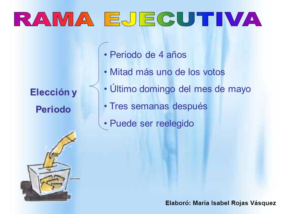 RAMA EJECUTIVA Periodo de 4 años Mitad más uno de los votos