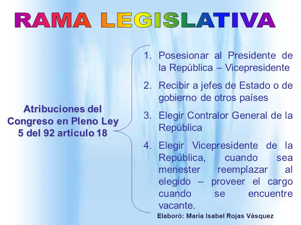 Atribuciones del Congreso en Pleno Ley 5 del 92 articulo 18