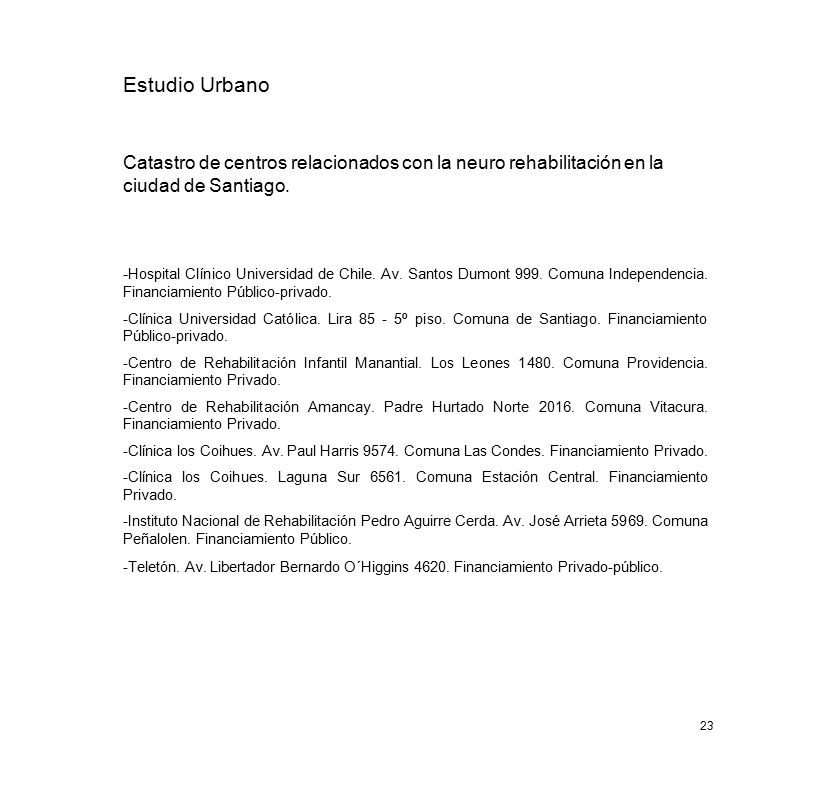Estudio Urbano Catastro de centros relacionados con la neuro rehabilitación en la ciudad de Santiago.