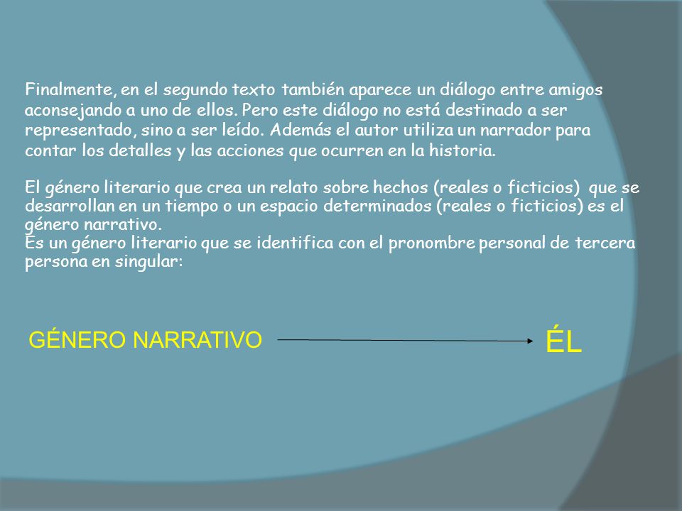 Finalmente, en el segundo texto también aparece un diálogo entre amigos aconsejando a uno de ellos. Pero este diálogo no está destinado a ser representado, sino a ser leído. Además el autor utiliza un narrador para contar los detalles y las acciones que ocurren en la historia.