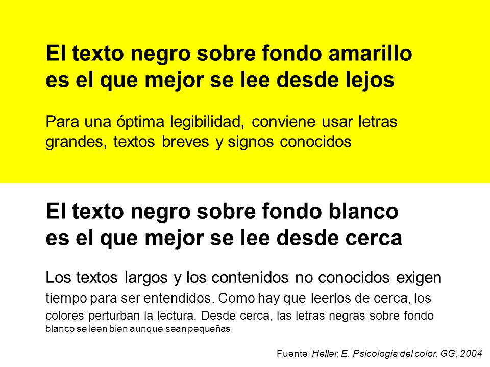 El texto negro sobre fondo amarillo es el que mejor se lee desde lejos