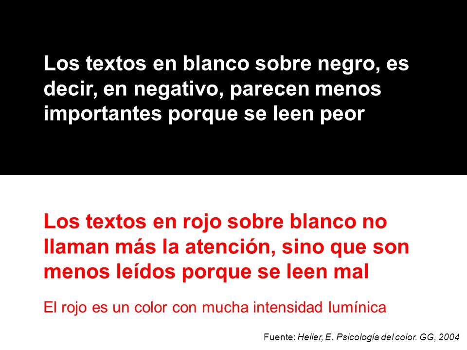 Los textos en blanco sobre negro, es decir, en negativo, parecen menos importantes porque se leen peor