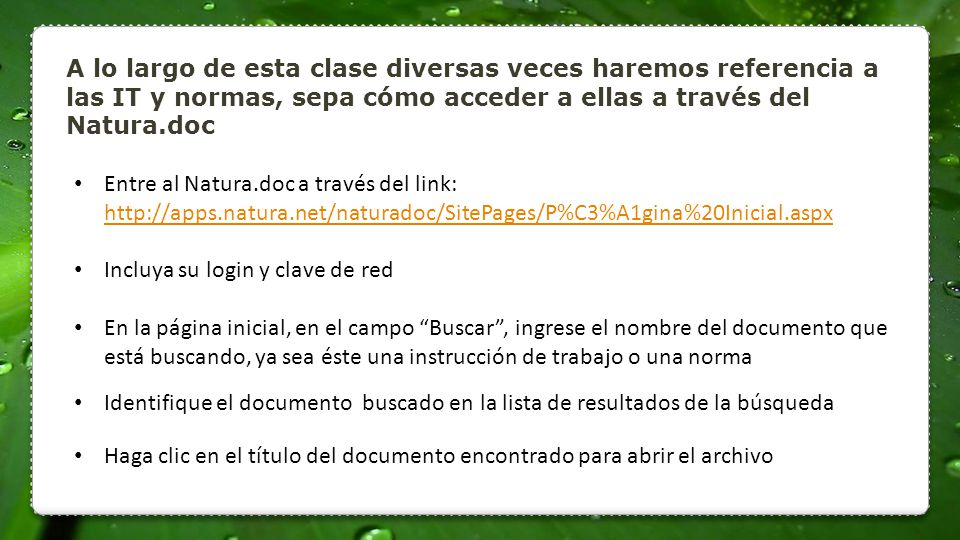 A lo largo de esta clase diversas veces haremos referencia a las IT y normas, sepa cómo acceder a ellas a través del Natura.doc