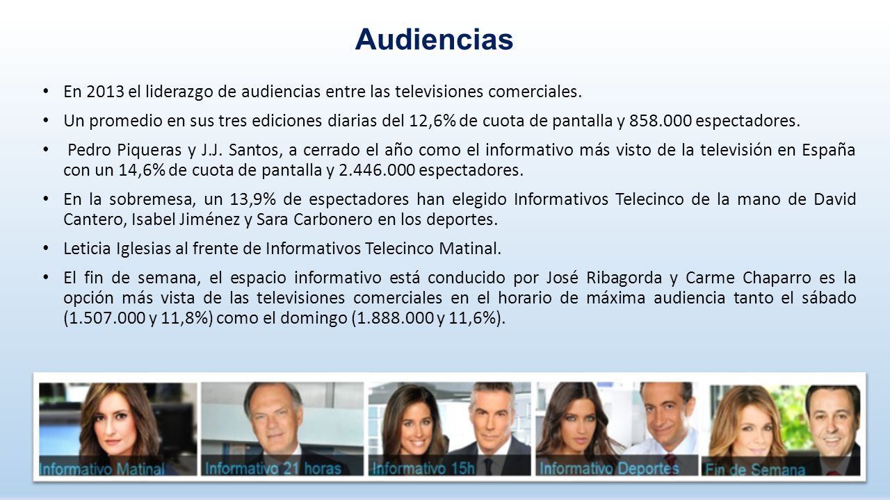 Audiencias En 2013 el liderazgo de audiencias entre las televisiones comerciales.