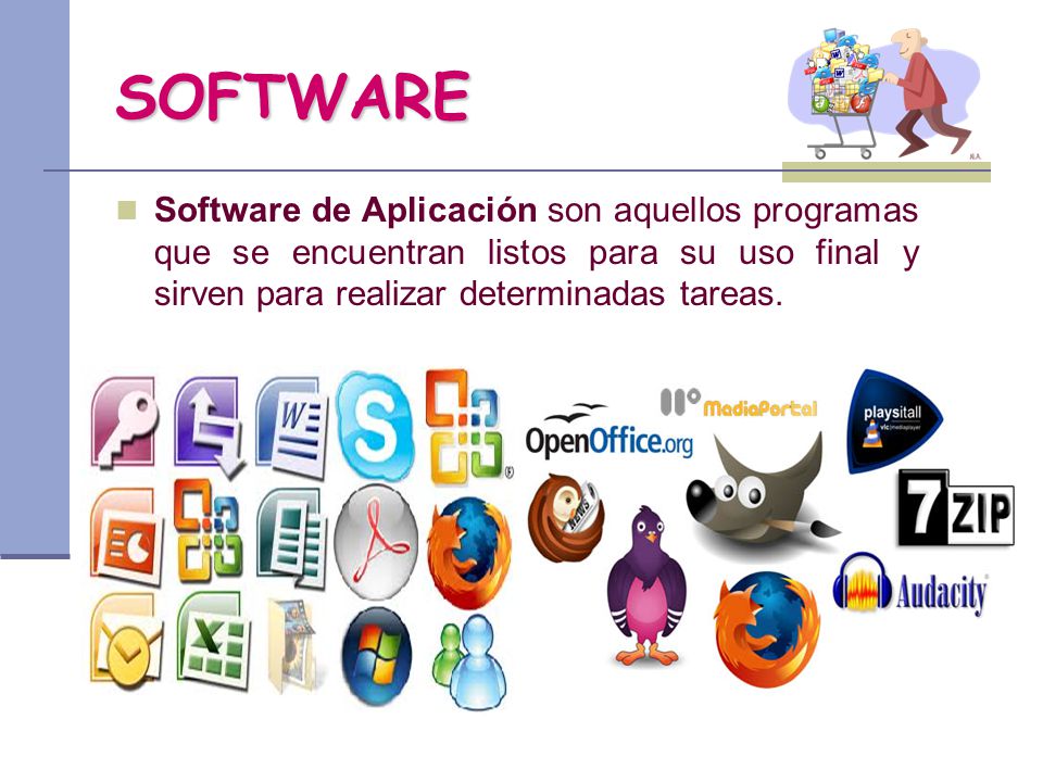 SOFTWARE Software de Aplicación son aquellos programas que se encuentran listos para su uso final y sirven para realizar determinadas tareas.