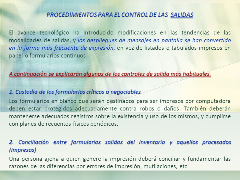 PROCEDIMIENTOS PARA EL CONTROL DE LAS SALIDAS