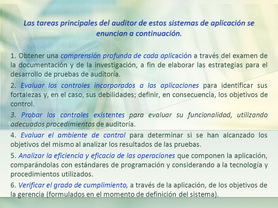 Las tareas principales del auditor de estos sistemas de aplicación se enuncian a continuación.